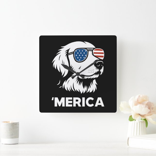 Golden Retriever 4th Of July Merica Square Wall Clock (Home)
