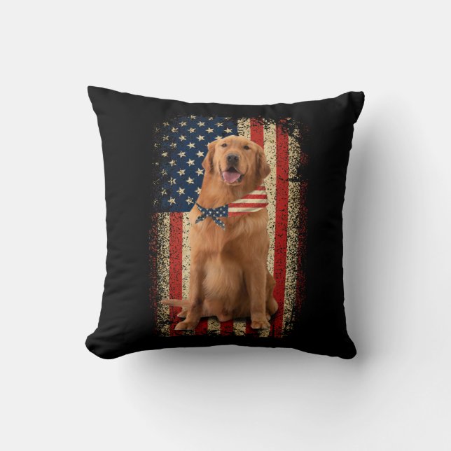 Golden Retriever American Flag Bandana 4th Of July Throw Pillow (Front)