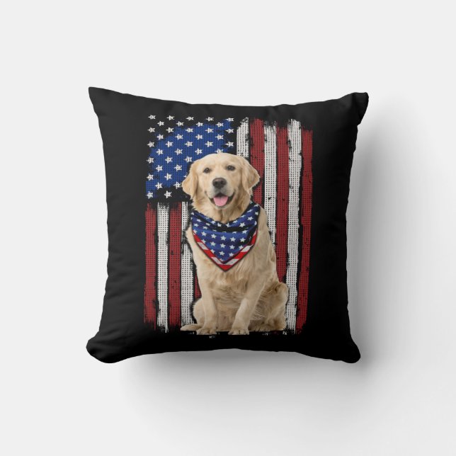 Golden Retriever American Flag Bandana 4th Of July Throw Pillow (Front)