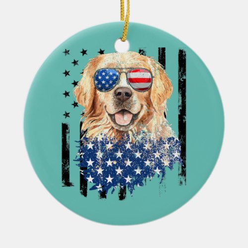 Golden Retriever American Flag Cream Retriever Ceramic Ornament