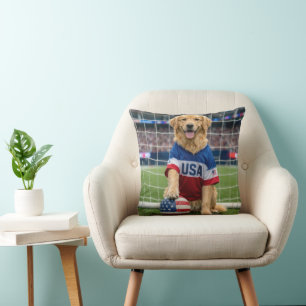 Golden Retriever American Soccer Player Throw Pillow