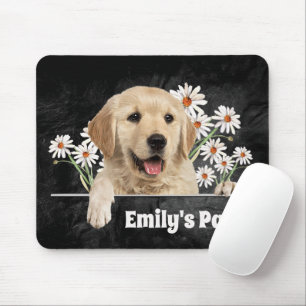 Golden Retriever and Daisies on Black Leather Mouse Pad