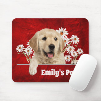 Golden Retriever and Daisies on Leather Mouse Pad