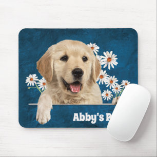 Golden Retriever and Daisies On Leather Mouse Pad