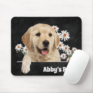 Golden Retriever and Daisies On Leather Mouse Pad
