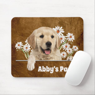 Golden Retriever and Daisies on Leather Mouse Pad