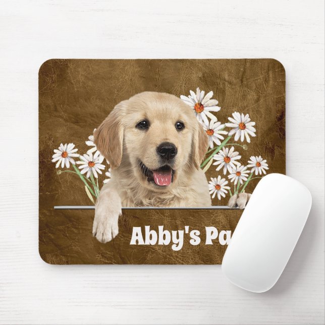 Golden Retriever and Daisies on Leather Mouse Pad (With Mouse)