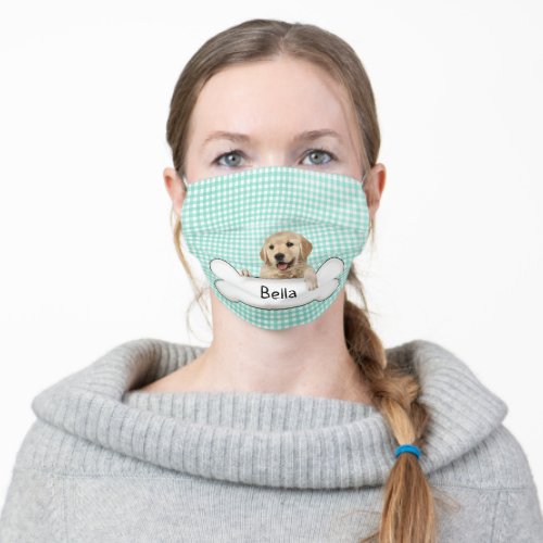 golden retriever and dog bone on gingham adult cloth face mask