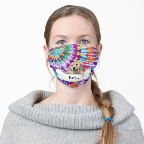 golden retriever and dog bone tie dye adult cloth face mask