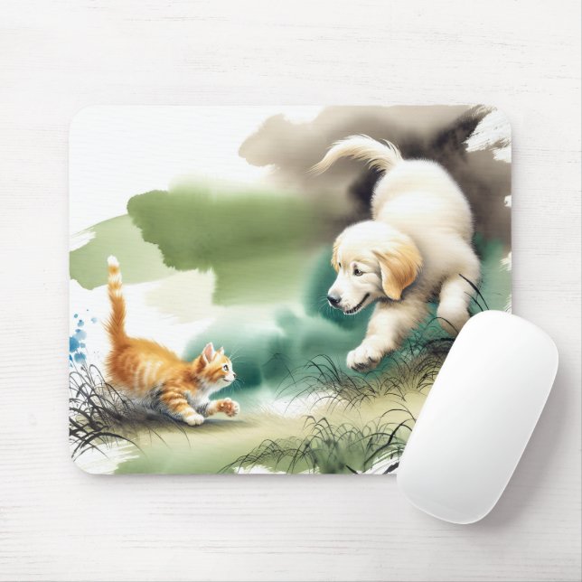 Golden Retriever and Ginger Kitten Mouse Pad (With Mouse)