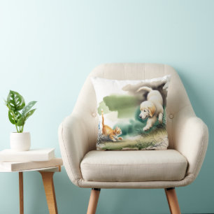 Golden Retriever and Ginger Kitten Throw Pillow