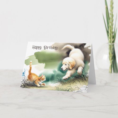 Golden Retriever and Kitten Birthday Card