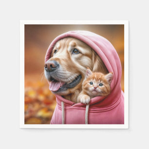 Golden Retriever and Kitten In Pink Hoodie Napkins