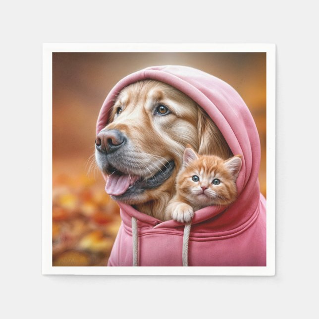 Golden Retriever and Kitten In Pink Hoodie Napkins (Front)