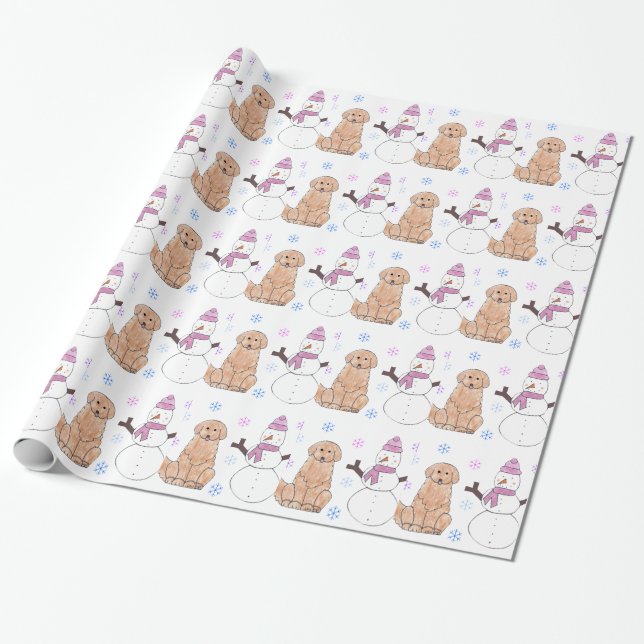 Golden Retriever And Snowman Wrapping Paper (Unrolled)