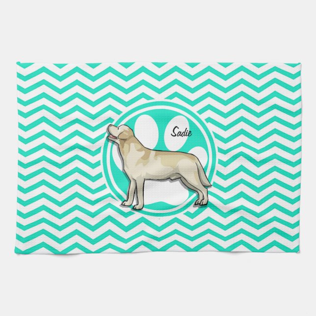 Golden Retriever; Aqua Green Chevron Kitchen Towel (Horizontal)