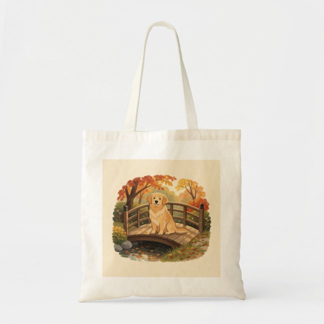 Golden Retriever Autumn bridge scene Tote Bag