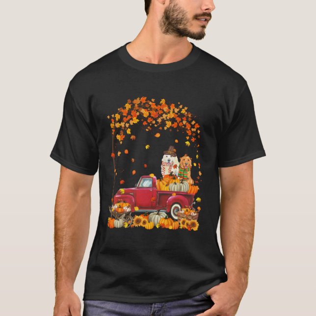 Golden Retriever Autumn Fall Pumpkin Truck Mappeth T-Shirt (Front)