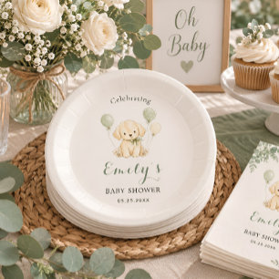 Golden Retriever Baby Shower Sage Green Eucalyptus Paper Plates