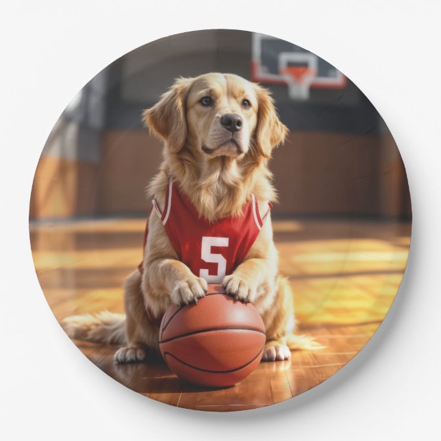 Golden Retriever Basketball Player Paper Plates (Front)