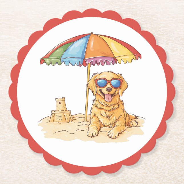 Golden Retriever Beach Dog Paper Coaster (Front)