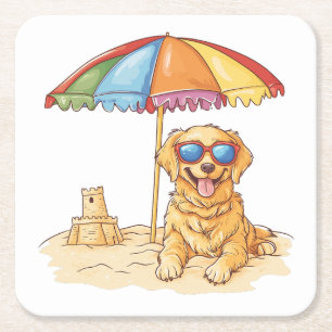 Golden Retriever Beach Dog Square Paper Coaster