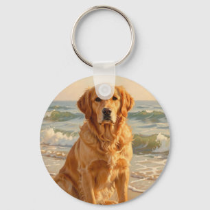 Golden Retriever Beach Ocean Portrait Keychain