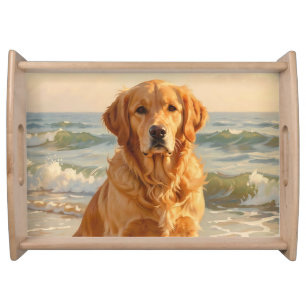Golden Retriever Beach Ocean Portrait Serving Tray