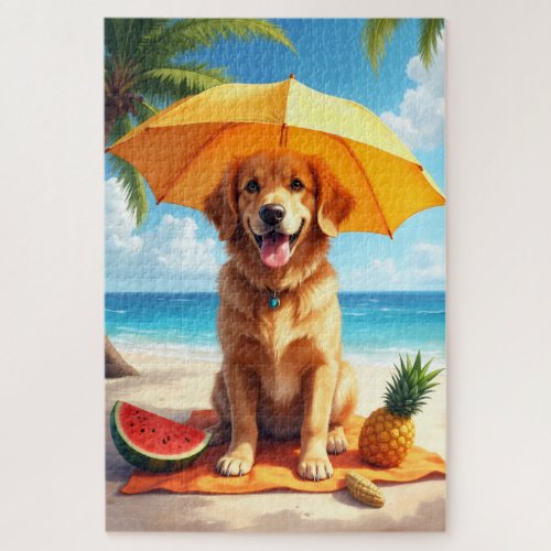 Golden Retriever Beach Relax Scene Jigsaw Puzzle