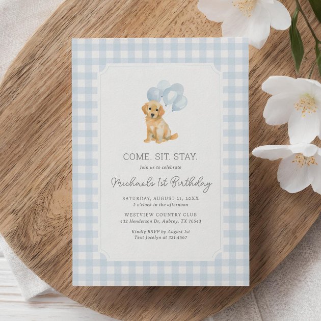Golden Retriever Blue Gingham Birthday Invitation | Zazzle