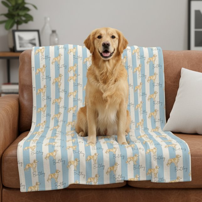 Golden Retriever Blue Stripe Pet Name Fleece Blanket (Get cozy with this "Custom Blue Stripe Golden Retriever Pet Name Fleece Blanket"! )