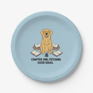 Golden Retriever Book Writer Academic Vibes Blue Paper Plates