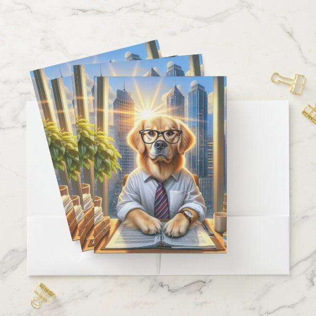 Golden Retriever Businessman In An Office Pocket Folder (In Situ)