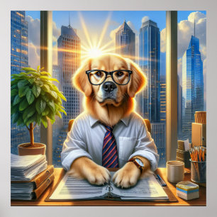 Golden Retriever Businessman In Office Poster