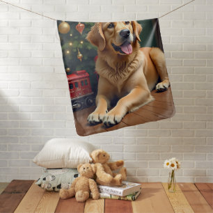 Golden Retriever by the Toy Train Christmas Baby Blanket