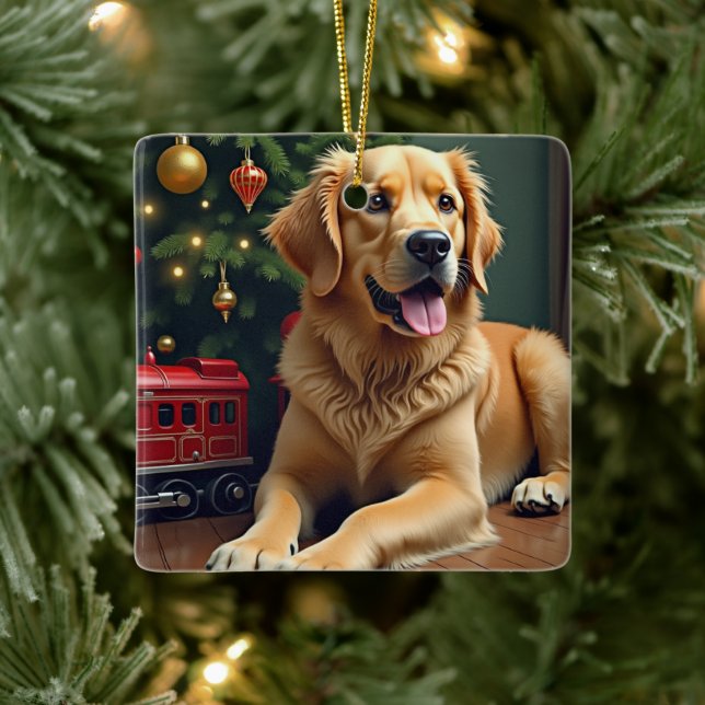 Golden Retriever by the Toy Train Christmas Ceramic Ornament (Tree)
