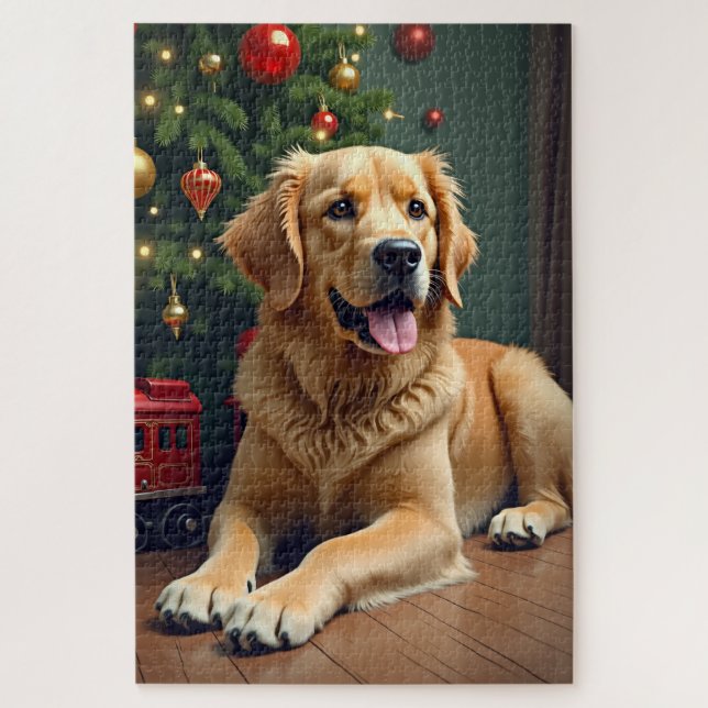 Golden Retriever by the Toy Train Christmas Jigsaw Puzzle (Vertical)