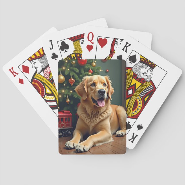Golden Retriever by the Toy Train Christmas Poker Cards (Back)