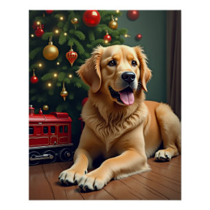 Golden Retriever by the Toy Train Christmas Poster