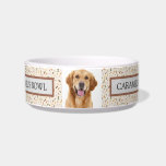 Golden Retriever "Caramel's Bowl" Pet Bowl<br><div class="desc">Spoil your Golden Retriever with their very own personalized pet bowl! This charming ceramic bowl features a delightful pattern of light and dark brown paw prints on a cream background. A central panel proudly displays a beautiful image of a Golden Retriever, and customizable side panels read "CARAMEL'S BOWL, " making...</div>