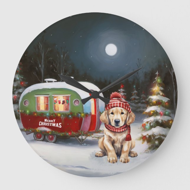 Golden Retriever Caravan Christmas Adventure Large Clock (Front)