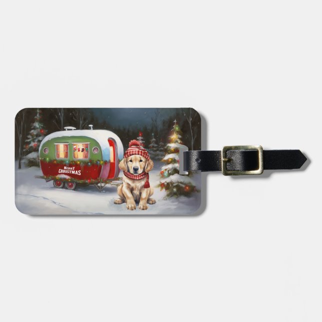 Golden Retriever Caravan Christmas Adventure Luggage Tag (Front Horizontal)