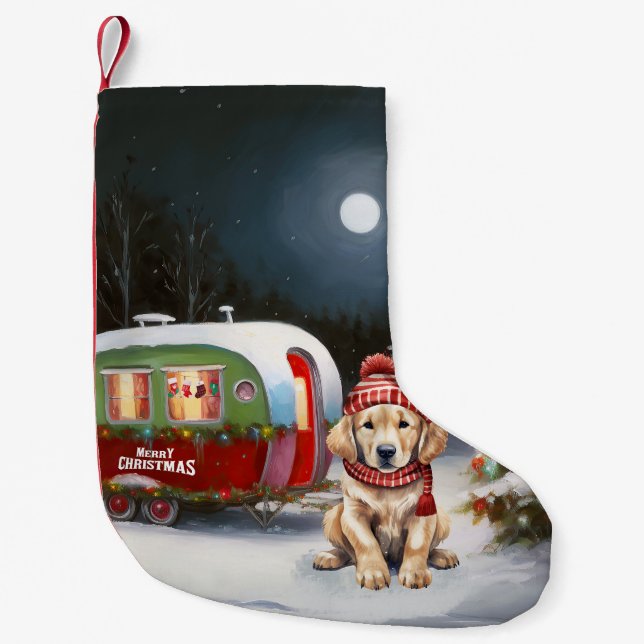 Golden Retriever Caravan Christmas Adventure Small Christmas Stocking (Front)