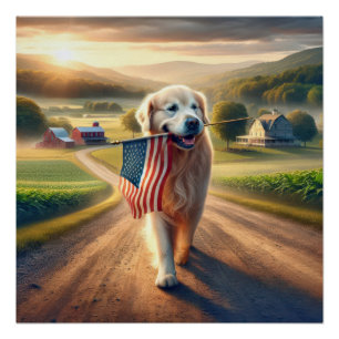 Golden Retriever Carrying an American Flag Poster