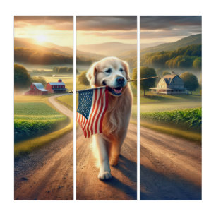 Golden Retriever Carrying an American Flag Triptych