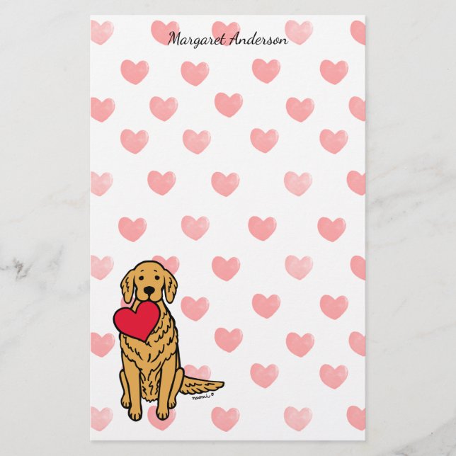 Golden Retriever Cartoon Hearts Stationery (Front)