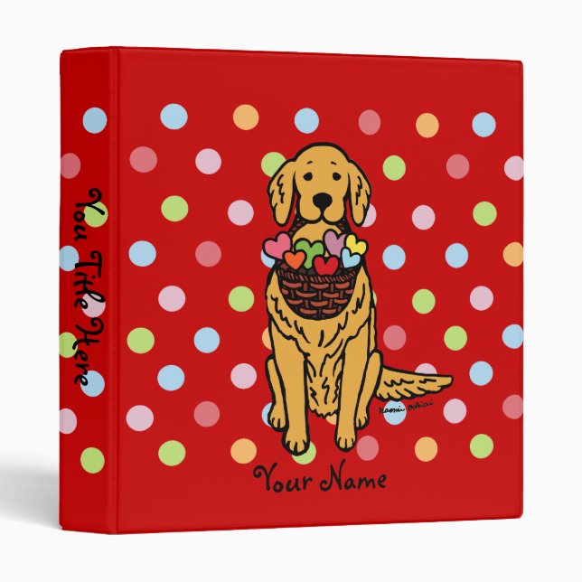 Golden Retriever Cartoon Polka Dot 3 Ring Binder (Front/Spine)