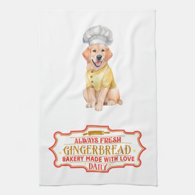 Golden Retriever Chef Baking Gingerbread Kitchen Towel (Vertical)