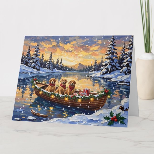 Golden Retriever Christmas Boat Holiday Card (Front)