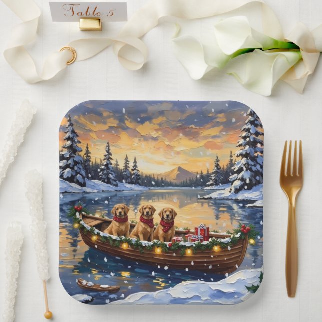 Golden Retriever Christmas Boat Holiday Paper Plates (Wedding)